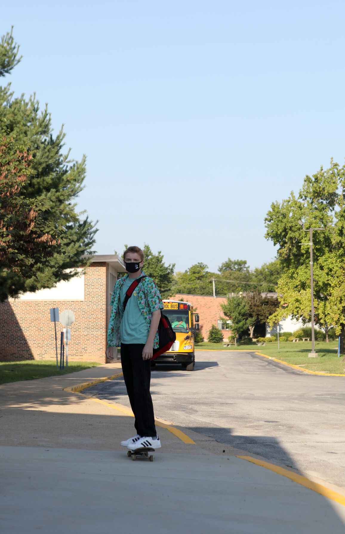 A student skateboards